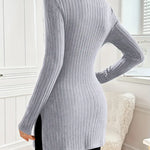 Ribbed knit turtleneck sweater dress, long sleeves, slim fit, dusty slate blue