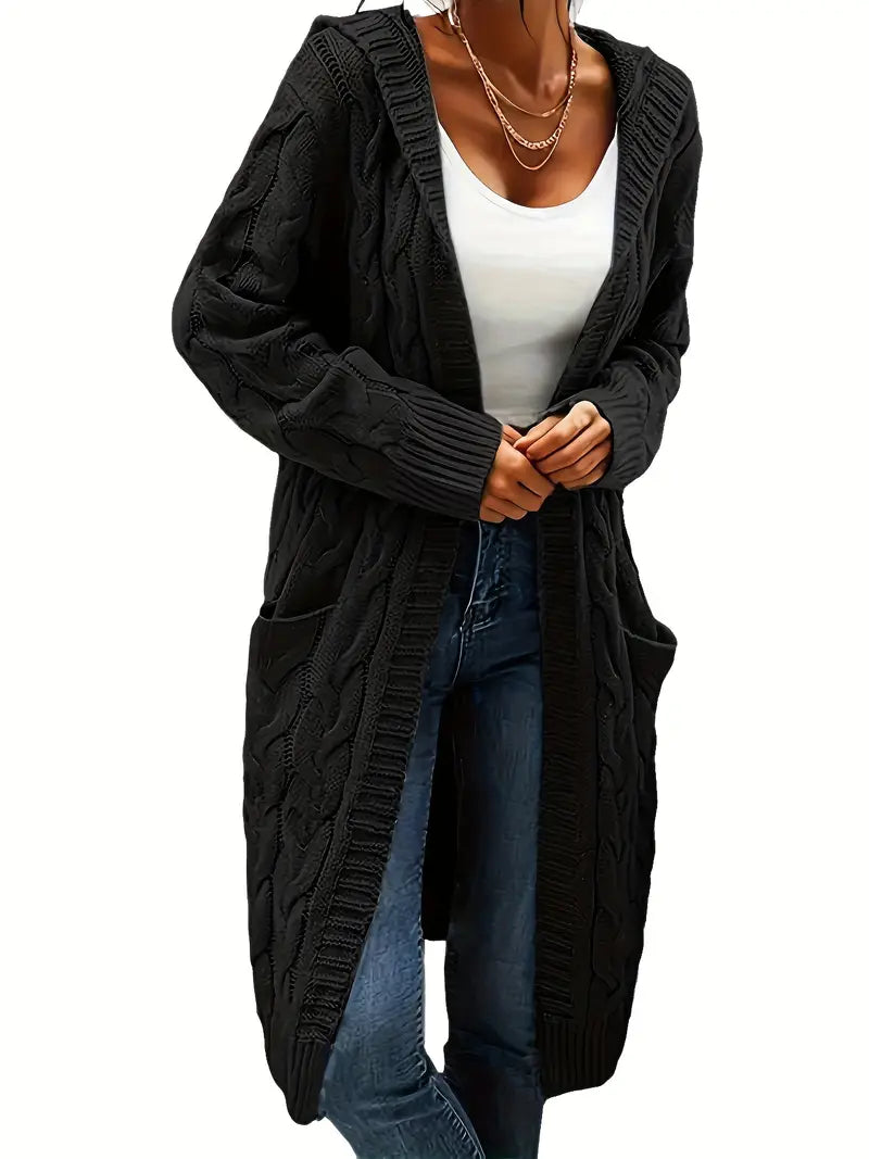 Black cable-knit long cardigan with open front and chunky cable texture