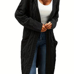 Black cable-knit long cardigan with open front and chunky cable texture