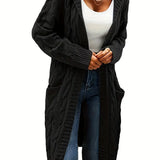 Black cable-knit long cardigan with open front and chunky cable texture