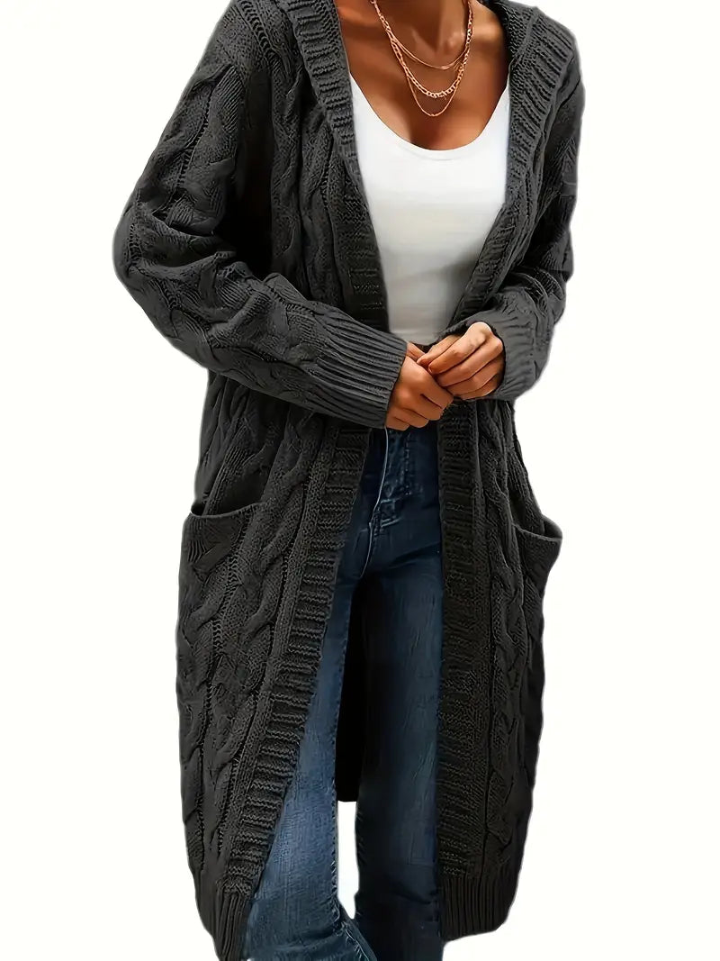 Dark gray cable-knit long cardigan with open front and chunky braided cables