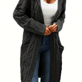 Dark gray cable-knit long cardigan with open front and chunky braided cables