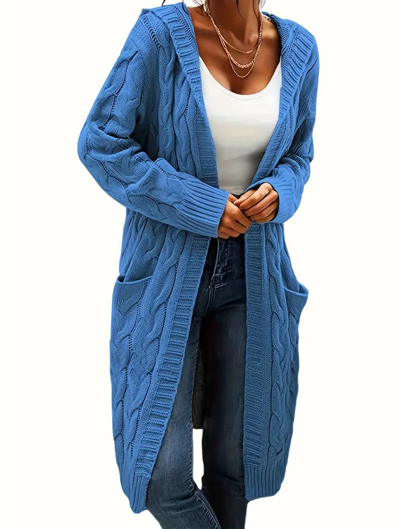 Women’s longline cable knit cardigan in blue, open front with shawl collar
