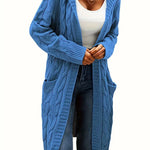 Women’s longline cable knit cardigan in blue, open front with shawl collar