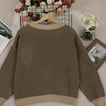Back view dark brown knit cardigan with ribbed neckline, long sleeves, ribbed hem