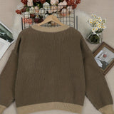 Back view dark brown knit cardigan with ribbed neckline, long sleeves, ribbed hem