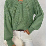 Jane™ cable-knit pullover sweater in green with long sleeves and crew neck