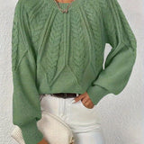 Jane™ cable-knit pullover sweater in green with long sleeves and crew neck