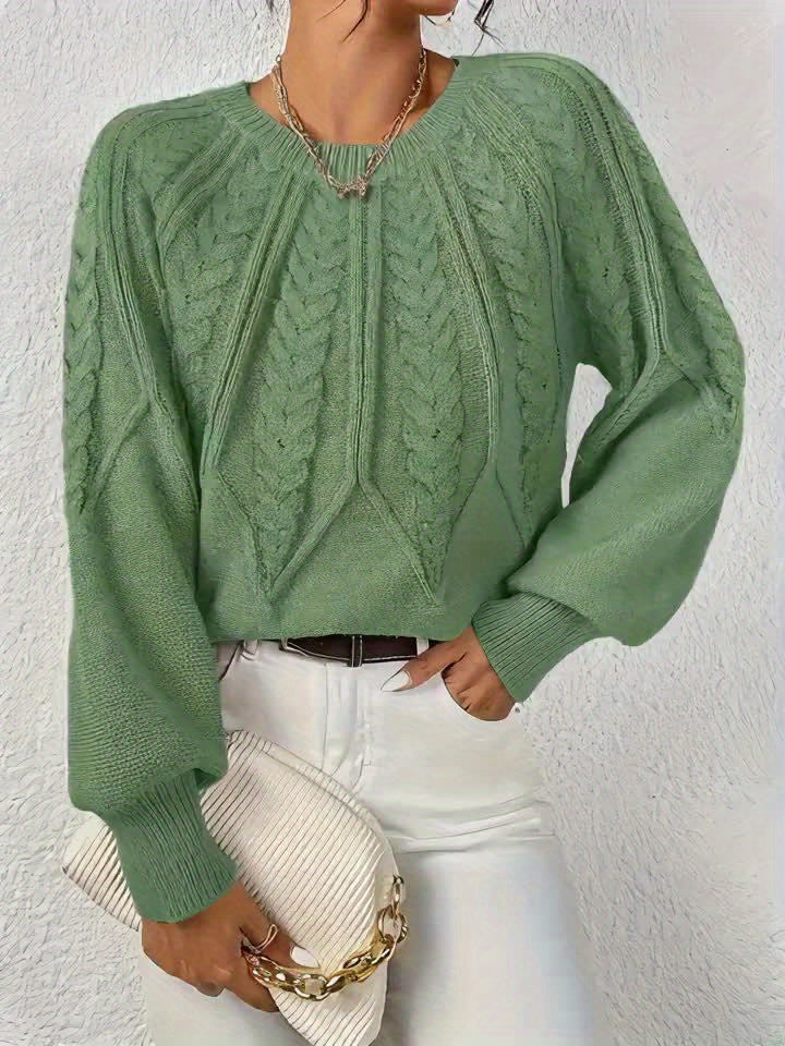Jane™ cable-knit pullover sweater in green with long sleeves and crew neck