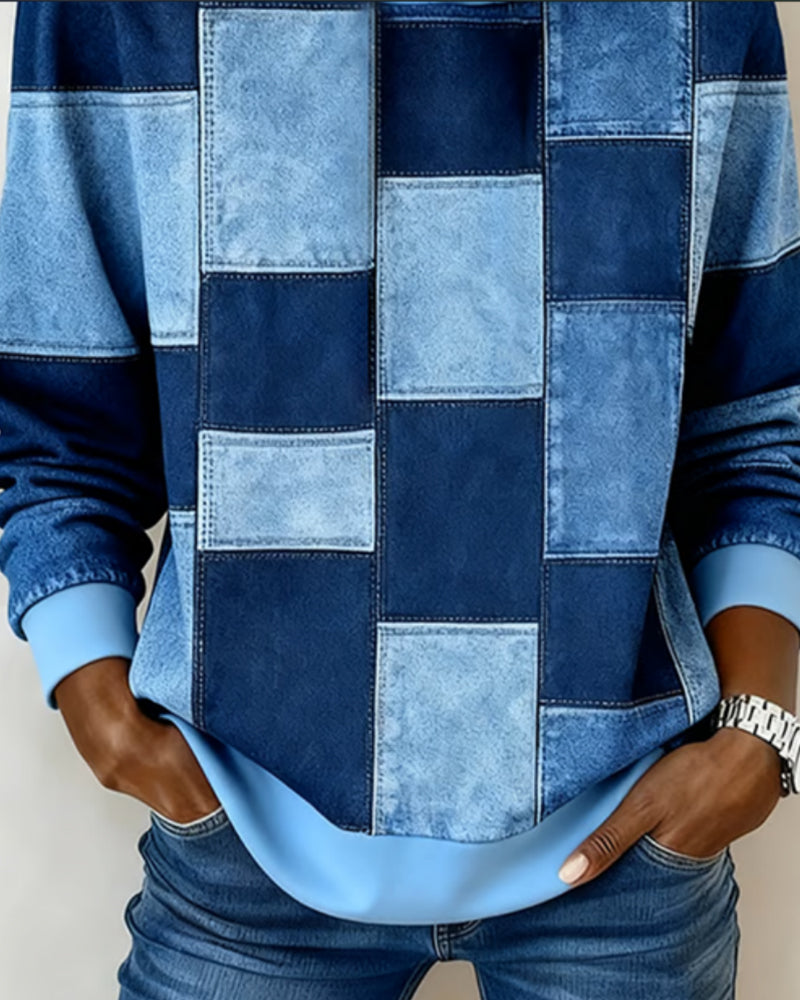 Blue patchwork hoodie front with hood, square panels and long sleeves