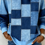 Blue patchwork hoodie front with hood, square panels and long sleeves
