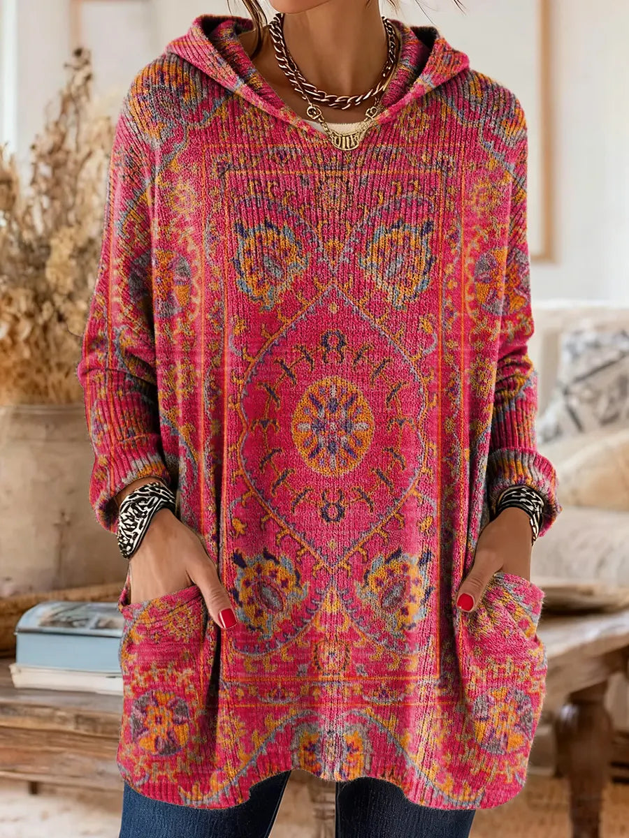 Vintage-inspired hooded knit tunic with front pockets, rose pink and red multicolor ethnic print