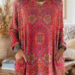 Vintage-inspired hooded knit tunic with front pockets, rose pink and red multicolor ethnic print