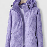 Purple hooded jacket with front zipper and stand collar, leaf-patterned fabric