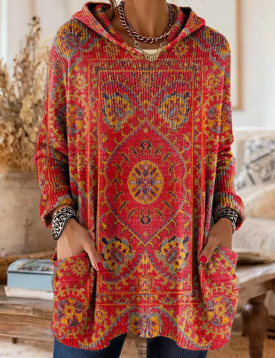 Vintage-inspired hooded knit tunic with front pockets, red and multicolor ethnic print