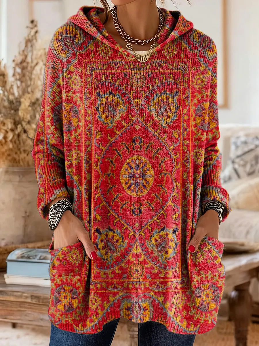 Vintage-inspired hooded knit tunic with front pockets, red and multicolor ethnic print