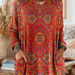 Vintage-inspired hooded knit tunic with front pockets, red and multicolor ethnic print