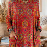 Vintage-inspired hooded knit tunic with front pockets, red and multicolor ethnic print