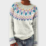 Classic retro knit pullover with crew neck, light base and multicolor dotted pattern