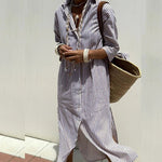 Striped summer dress with button front, beige and white vertical stripes, long sleeves