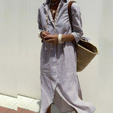 Striped summer dress with button front, beige and white vertical stripes, long sleeves