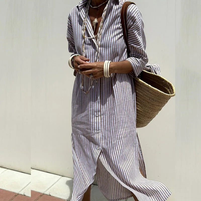 Striped summer dress with button front, beige and white vertical stripes, long sleeves