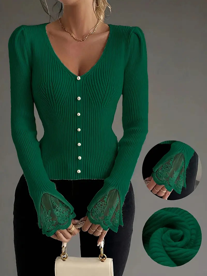 Green ribbed V-neck knit top with button front and lace cuff sleeves