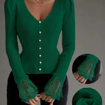 Green ribbed V-neck knit top with button front and lace cuff sleeves