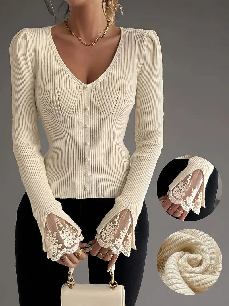 Cream ribbed V-neck button top with lace-trim cuffs