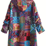 Remi™ patchwork jacket back view with hood, beige sherpa trim and multicolor patterns