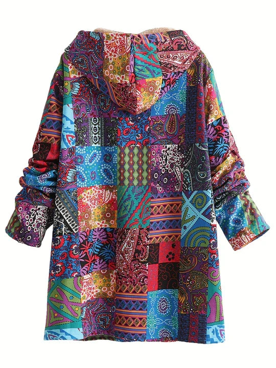 Remi™ patchwork jacket back view with hood, beige sherpa trim and multicolor patterns