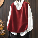 Red sleeveless knit Grace cardigan with ribbed cowl neck and long button row