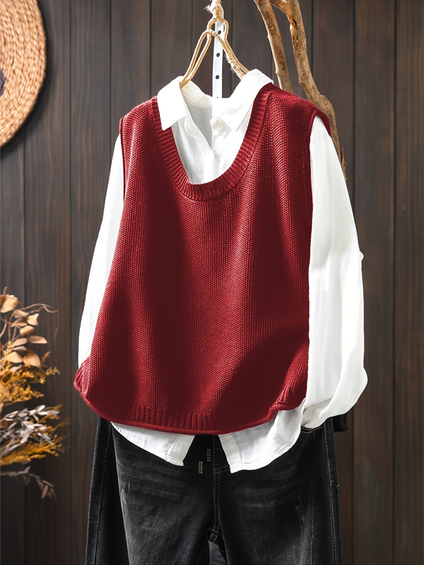 Red sleeveless knit Grace cardigan with ribbed cowl neck and long button row