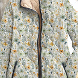 Women's quilted floral jacket, close view of zip front, floral buttons and collar
