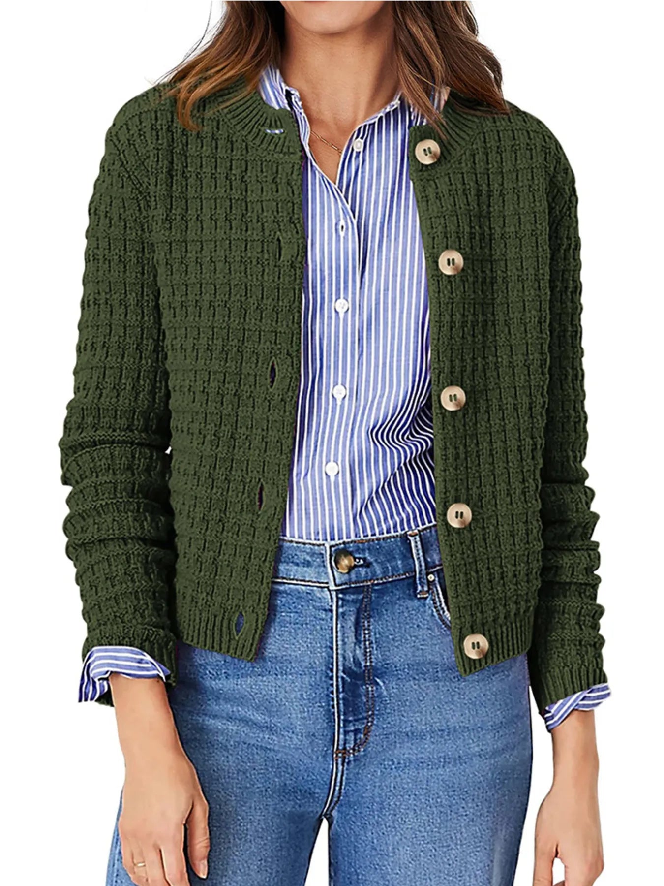 Dark green knit cardigan with button front and ribbed cuffs, worn over striped shirt