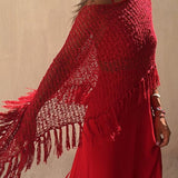 Sonnenuntergang Brise Quasten Strick Cover-Up mit Ausschnitt-Design