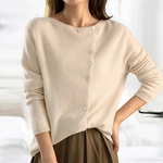 Beige button-front pullover sweater, long sleeves, round neckline