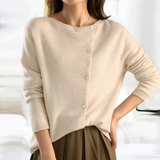 Beige button-front pullover sweater, long sleeves, round neckline