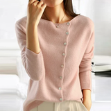 Rose pink knit button-front pullover sweater, long sleeves, round neck