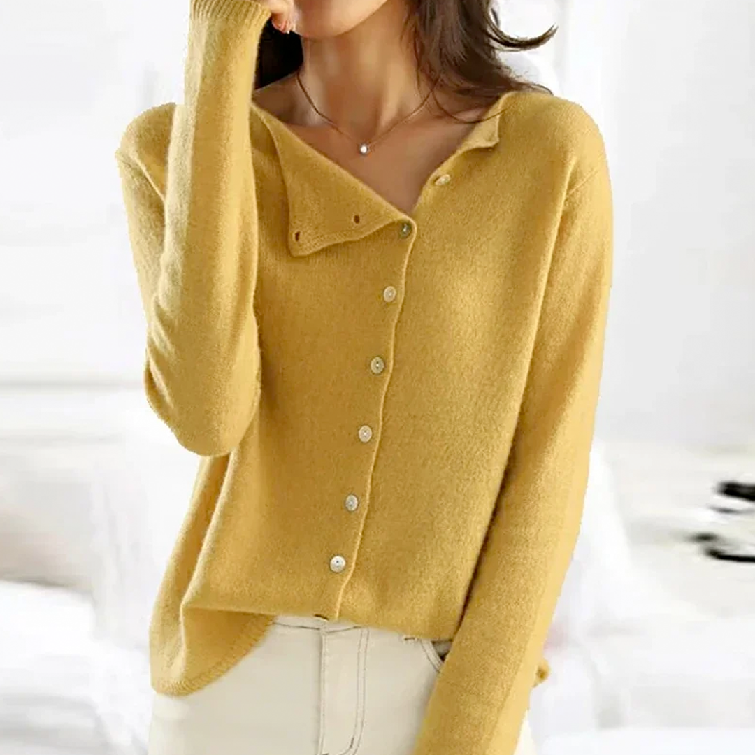 Yellow knit button-front pullover sweater with collar, long sleeves