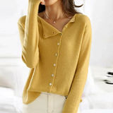 Yellow knit button-front pullover sweater with collar, long sleeves