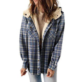 AMELIA™ plaid flannel hooded jacket in blue and navy checks, teddy-lined hood trim.