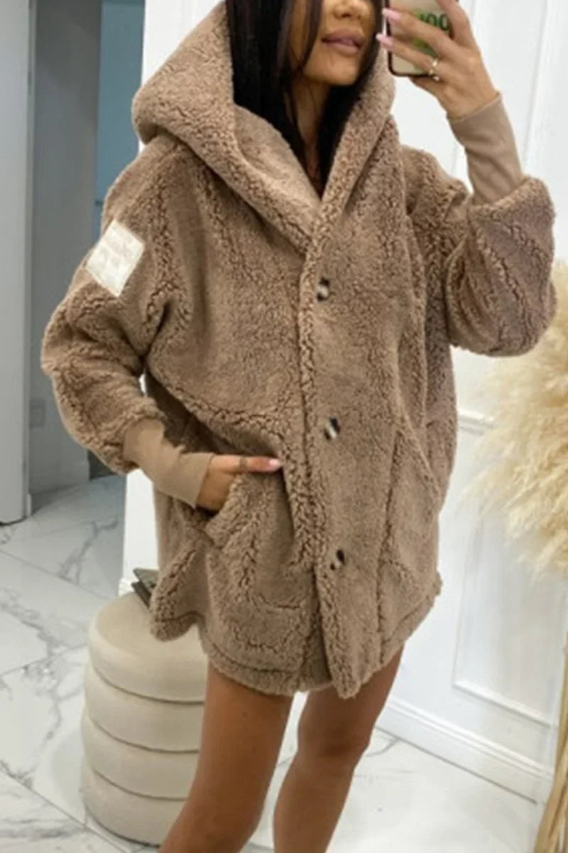 Plush hooded jacket, taupe-brown, oversized hood with button-front placket