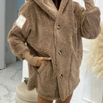 Plush hooded jacket, taupe-brown, oversized hood with button-front placket