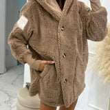 Plush hooded jacket, taupe-brown, oversized hood with button-front placket