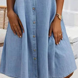 Light blue denim shirt dress with button front and flared skirt, knee-length