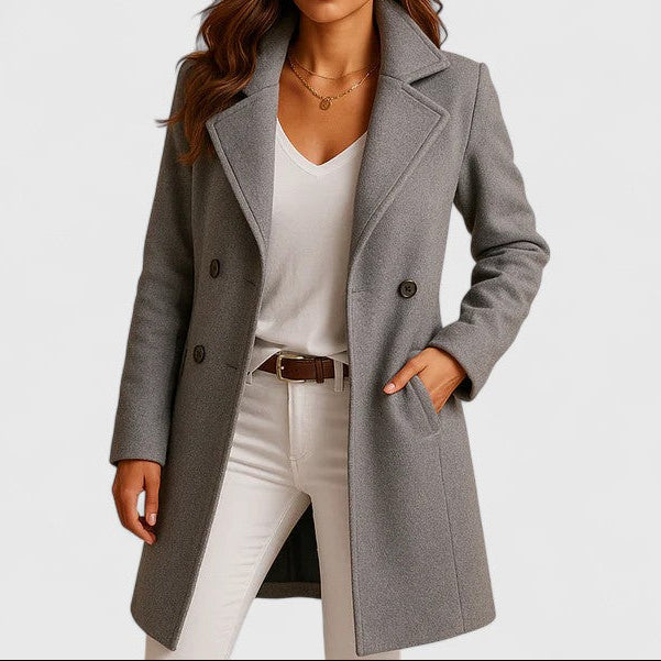 Gray long coat with wide lapels, front buttons, and side pockets
