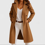 Camel long coat with notch lapels, double-breasted buttons, and side pockets