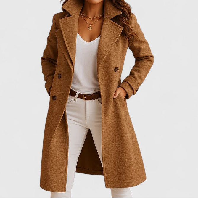 Camel long coat with notch lapels, double-breasted buttons, and side pockets