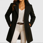Black long coat with notch lapels, front buttons, and side pockets